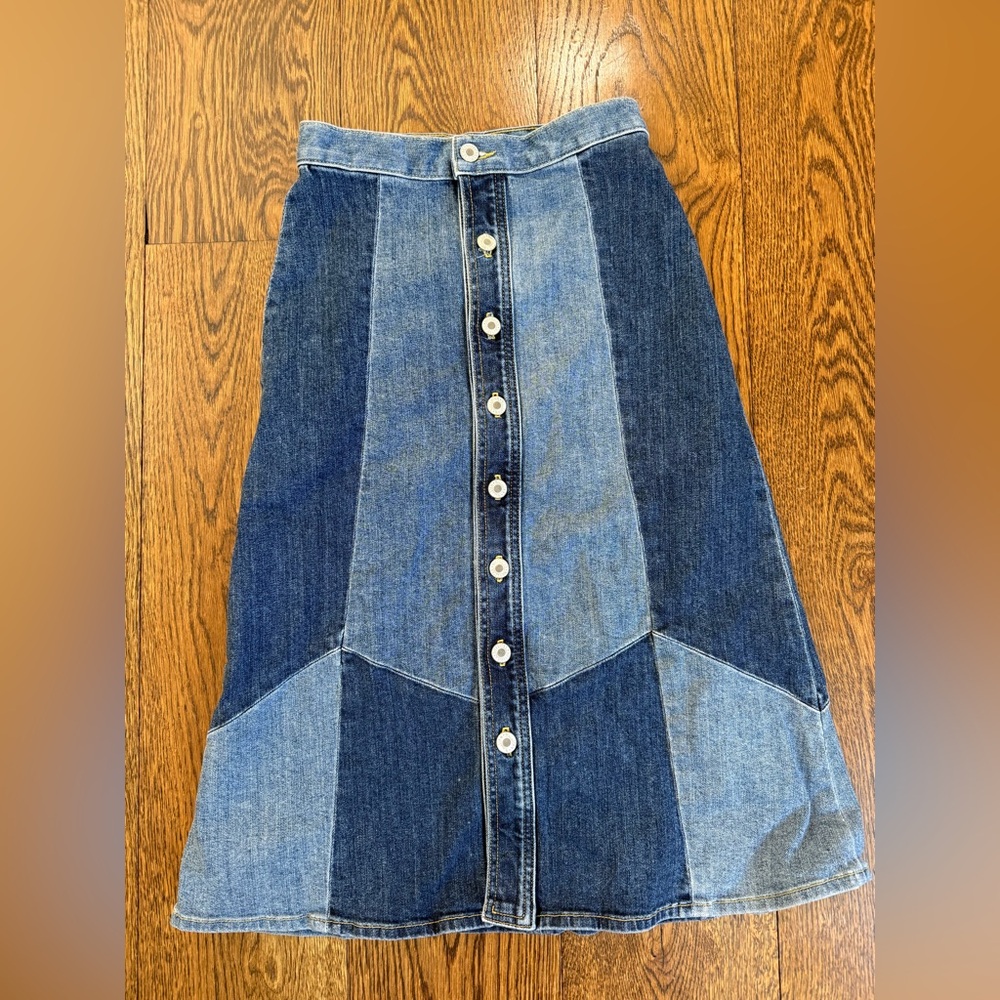 Nili Lotan denim patchwork midi skirt